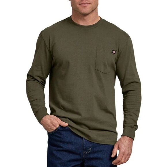 Dickies Mens Olive Green Long Sleeve Pocket Tee M 100% Cotton EUC - Picture 1 of 4